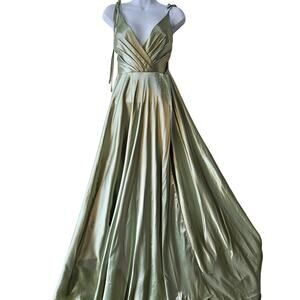 Sage Green Satin Maxi Dress Tie Strap Flowy Formal Bridesmaid Romantic M